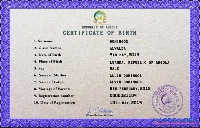 Printable Angola vital record birth certificate PSD template